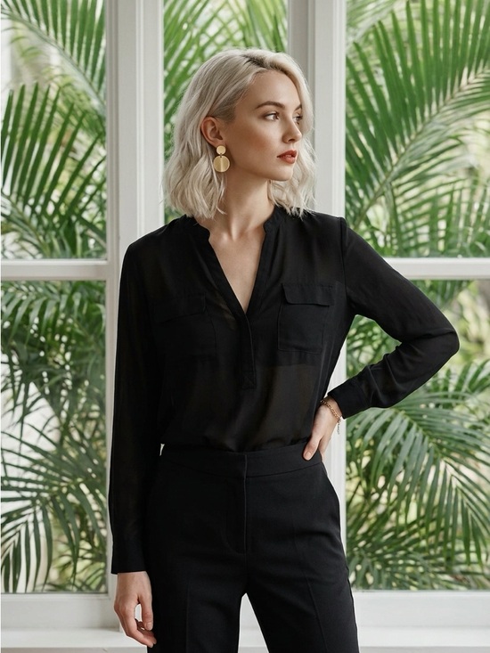 Babaton Tops - Babaton Black Silk Blouse Women’s Medium V-Neck Long Sleeve Semi Sheer
